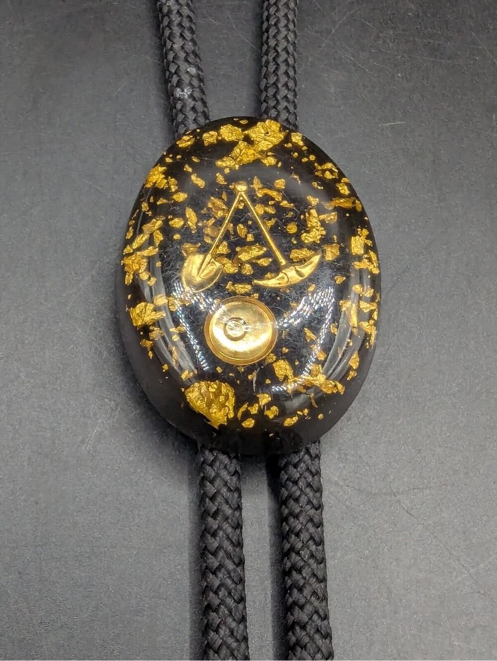 Vintage Gold Miner Prospector Shovel Pickaxe Gold Flake Resin Cabochon Bolo Tie